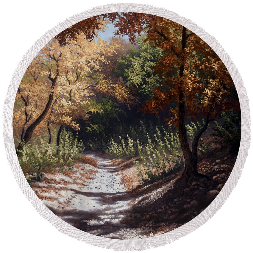 Autumn Landscapes Round Beach Towel featuring the painting Autumn Trails by Kyle Wood