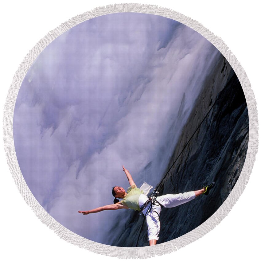 Air Round Beach Towel featuring the photograph Bandaloop Dance Company, Yosemite #1 by Peter McBride