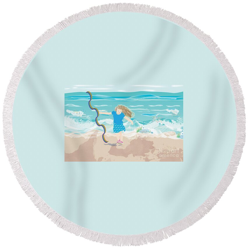 Beach Girl Round Beach Towel featuring the digital art Beach Rainbow Girl by Kim Prowse