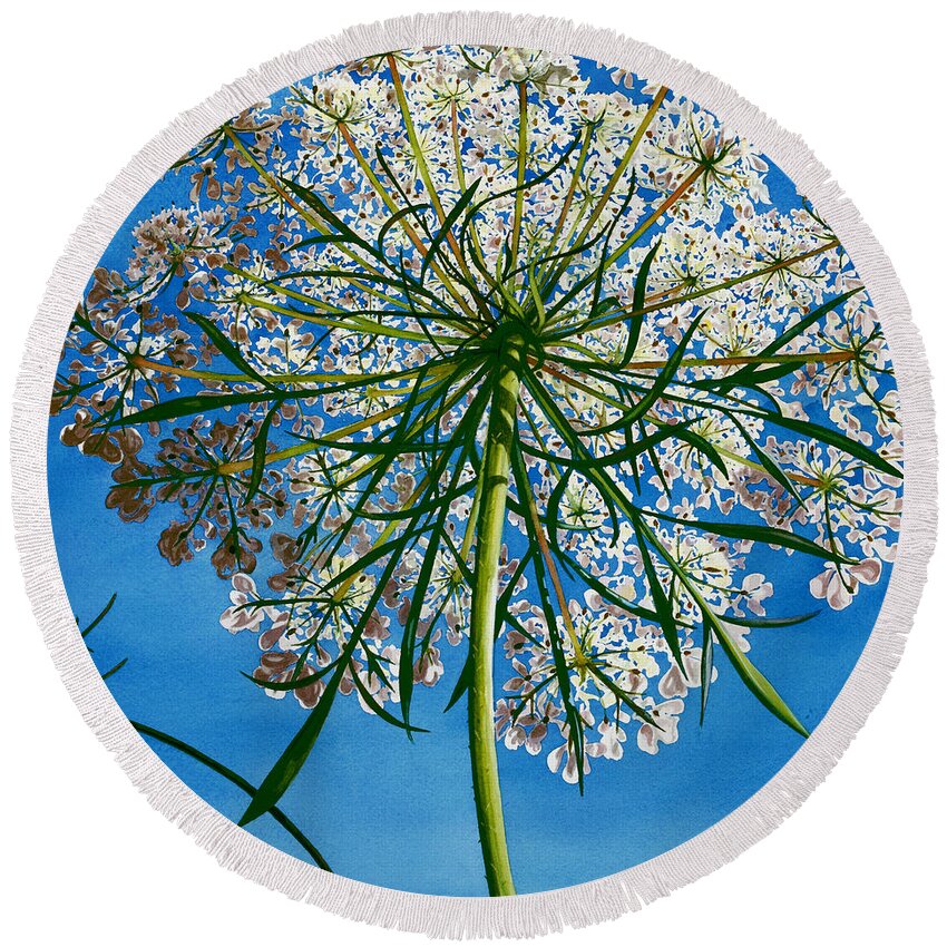 Flower Round Beach Towel featuring the painting Beneath Queen Anne's Lace by Barbara Jewell