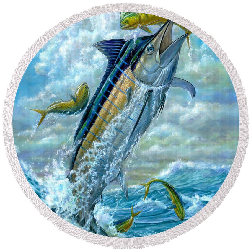 Blue Marlin Round Beach Towel featuring the painting Big Jump Blue Marlin With Mahi Mahi by Terry Fox