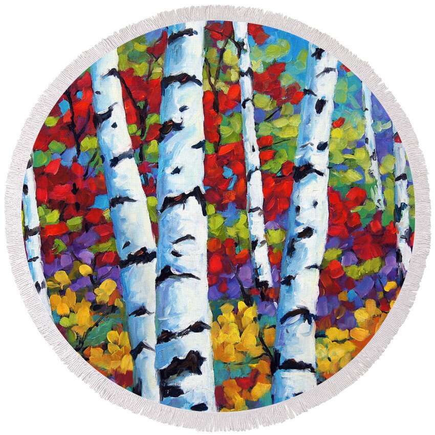 Canadian Landscape Created By Richard T Pranke Artiste Qubco Round Beach Towel featuring the painting Birches in abstract by Prankearts #1 by Richard T Pranke