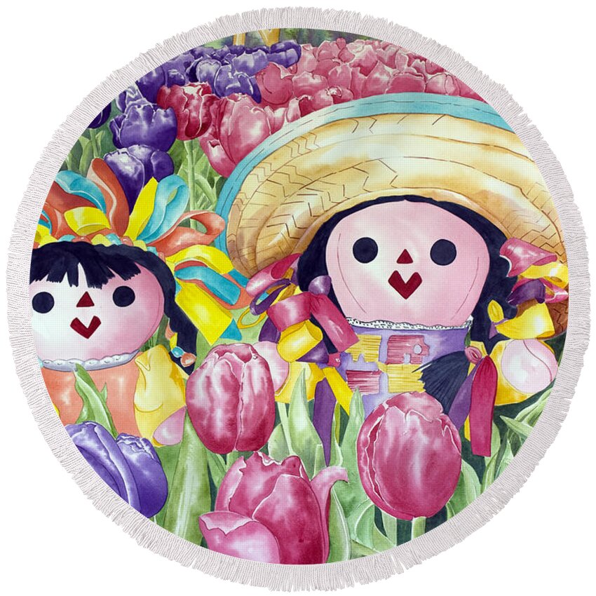 Girls Round Beach Towel featuring the painting Brings May Flowers by Kandyce Waltensperger