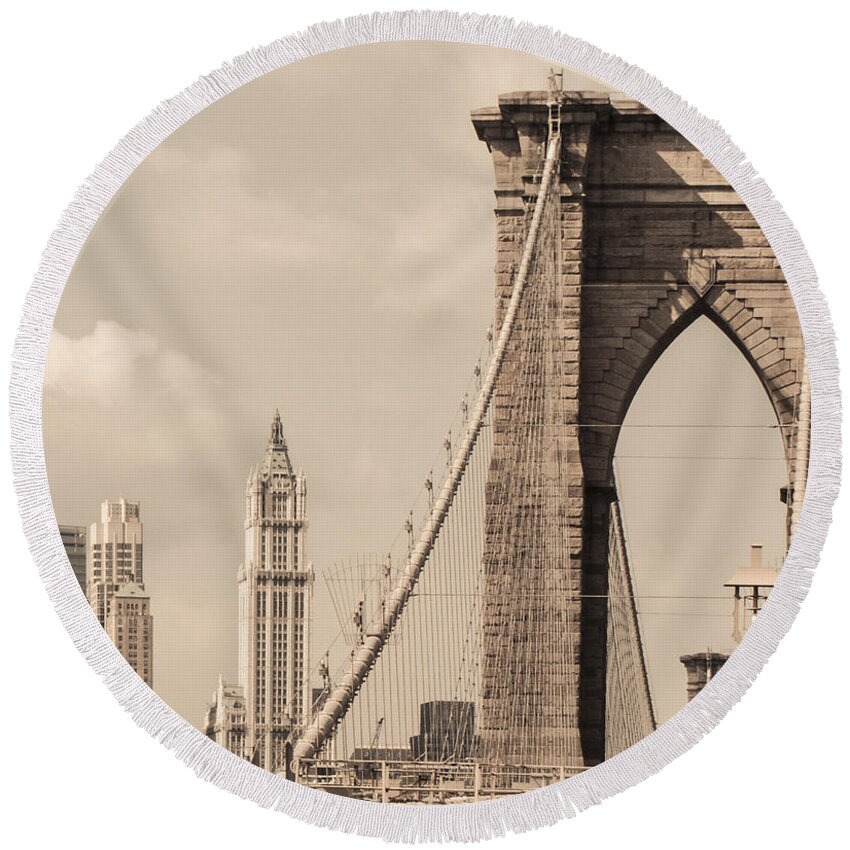 Brooklyn Bridge Round Beach Towel featuring the photograph Brooklyn Bridge and Woolworth Building #1 by Frank Winters