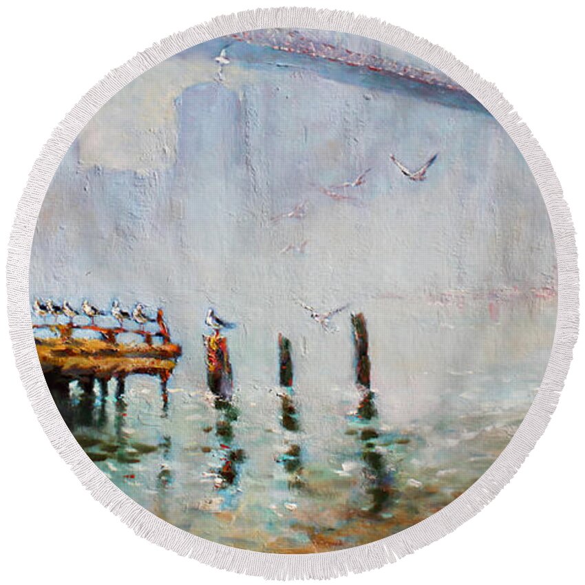 Brooklyn Bridge Round Beach Towel featuring the painting Brooklyn Bridge in a Foggy Morning  #1 by Ylli Haruni