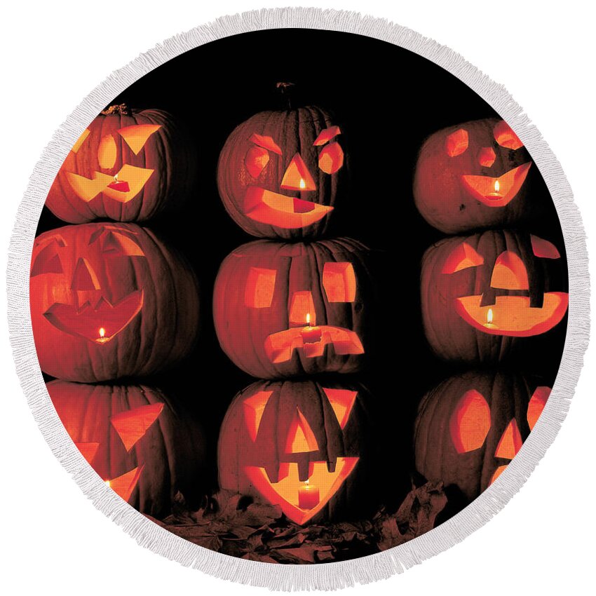 Carved Pumpkin Round Beach Towel featuring the photograph Carved Pumpkins #1 by Jim Corwin