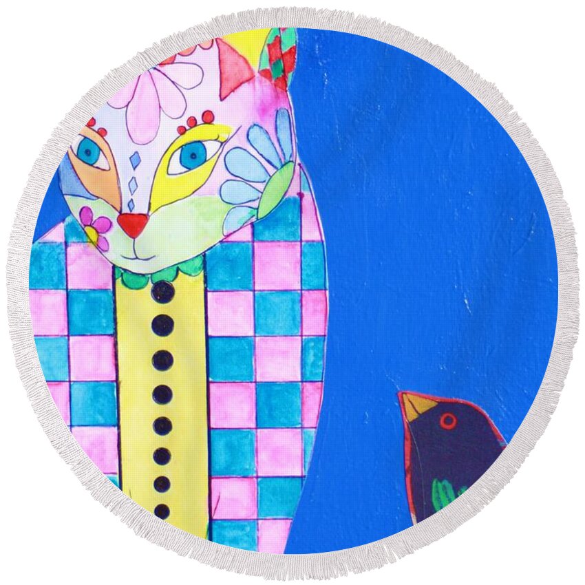  Round Beach Towel featuring the painting Checkered Cat #1 by Melinda Etzold