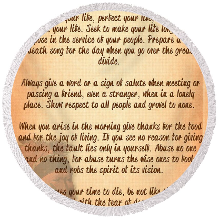 Tecumseh Round Beach Towel featuring the digital art Chief Tecumseh Poem - Live Your Life #2 by Celestial Images