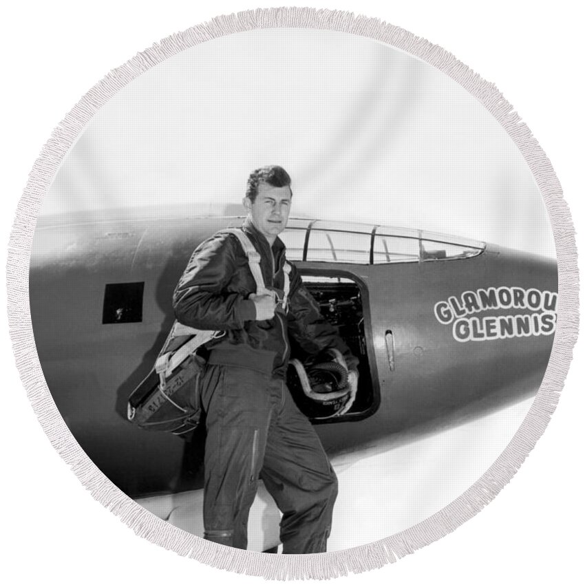 1 Person Round Beach Towel featuring the photograph Chuck Yeager And Bell X-1 #1 by Underwood Archives