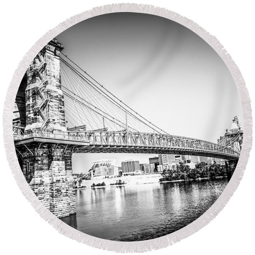 2012 Round Beach Towel featuring the photograph Cincinnati Roebling Bridge Black and White Picture #1 by Paul Velgos