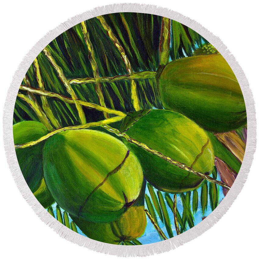 Coconuts Round Beach Towel featuring the painting Coconuts at sunset by Laura Forde