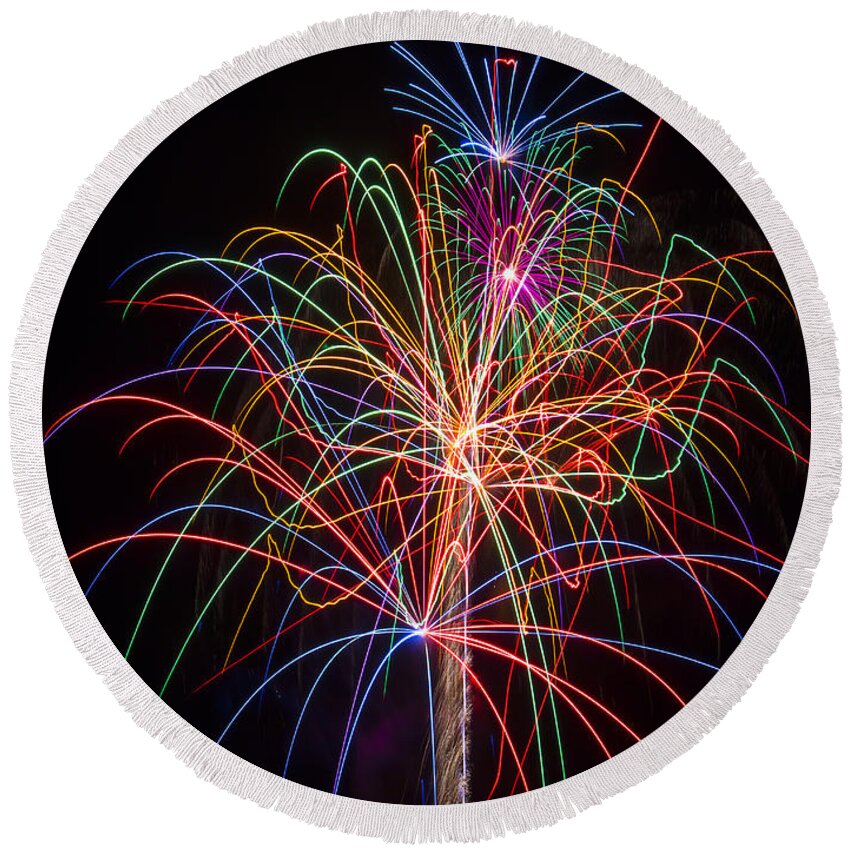 Fireworks Lights Up The Darkness Round Beach Towel featuring the photograph Colorful Fireworks #2 by Garry Gay