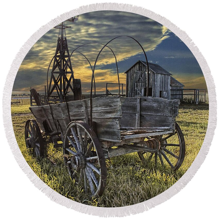 Art Round Beach Towel featuring the photograph Covered Wagon and Farm in 1880 Town #1 by Randall Nyhof
