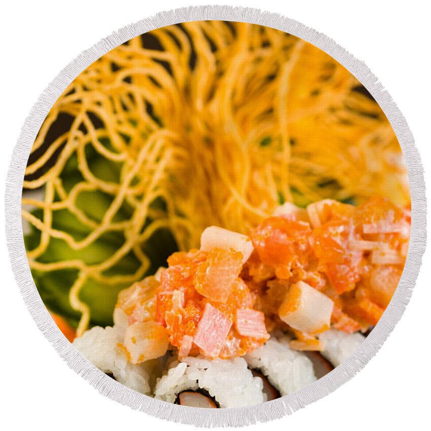 Asian Round Beach Towel featuring the photograph Crab and Salmon Roll by Raul Rodriguez