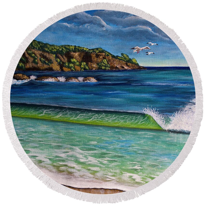 Grand Anse Beach Round Beach Towel featuring the painting Crashing Wave by Laura Forde