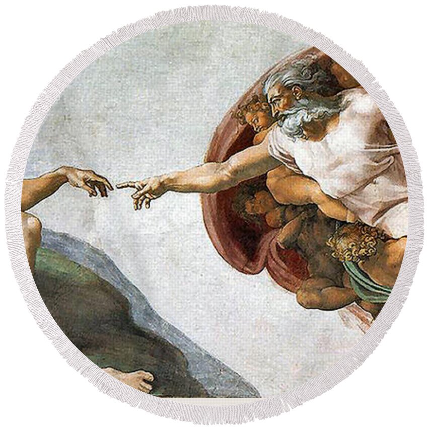 Creation Of Adam Round Beach Towel featuring the painting Creation of Adam by Michelangelo Buonarroti
