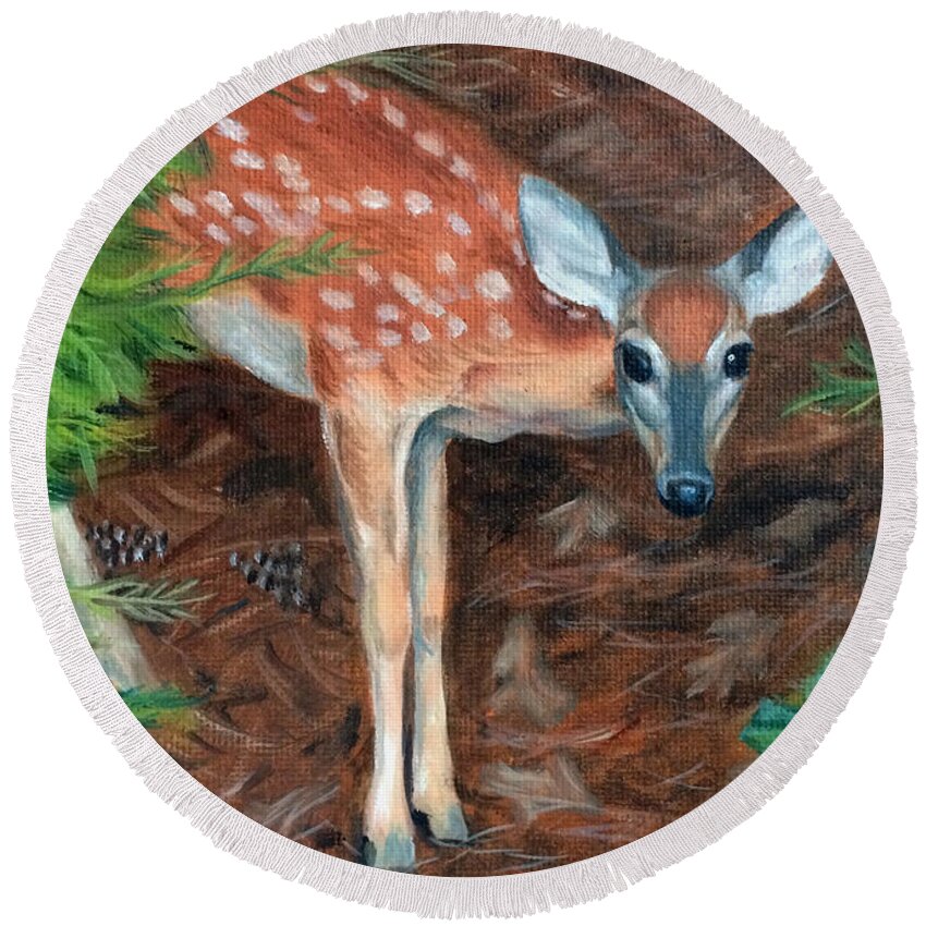 Woodland Round Beach Towel featuring the painting Curious Fawn by Jill Ciccone Pike