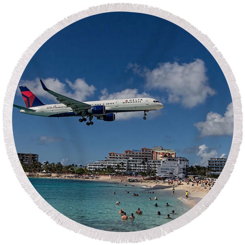 Delta Air Lines Round Beach Towel featuring the photograph Delta Air Lines landing at St Maarten #1 by David Gleeson