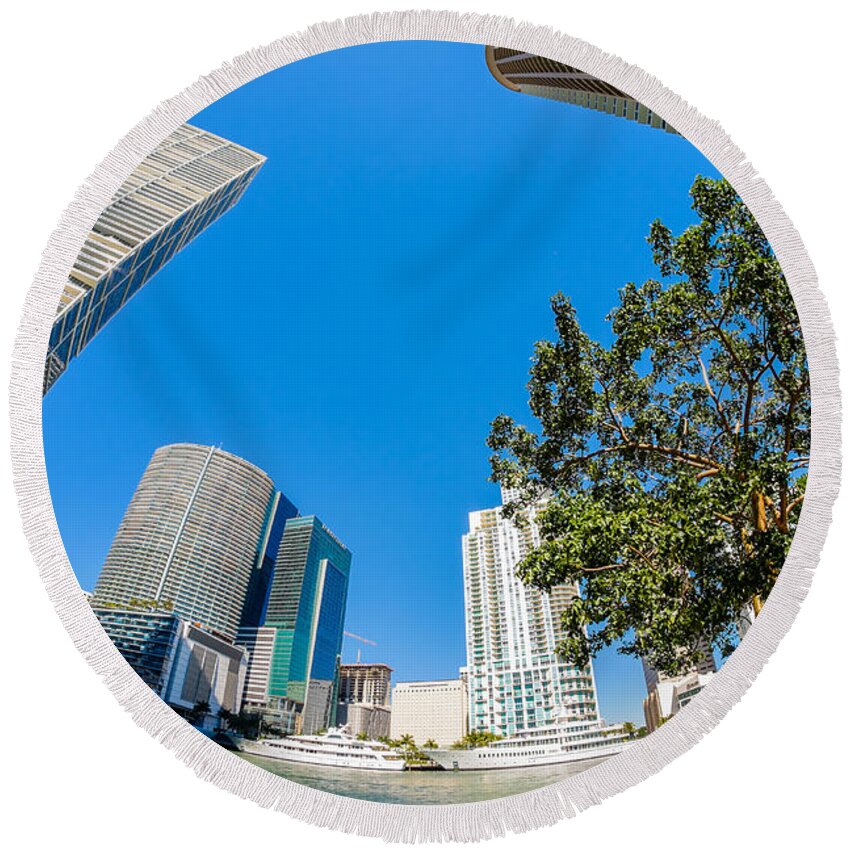 Architecture Round Beach Towel featuring the photograph Downtown Miami Fisheye by Raul Rodriguez