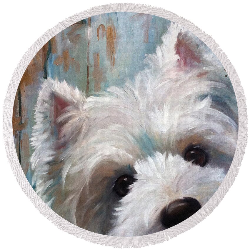 Westie Round Beach Towel featuring the painting Drip by Mary Sparrow
