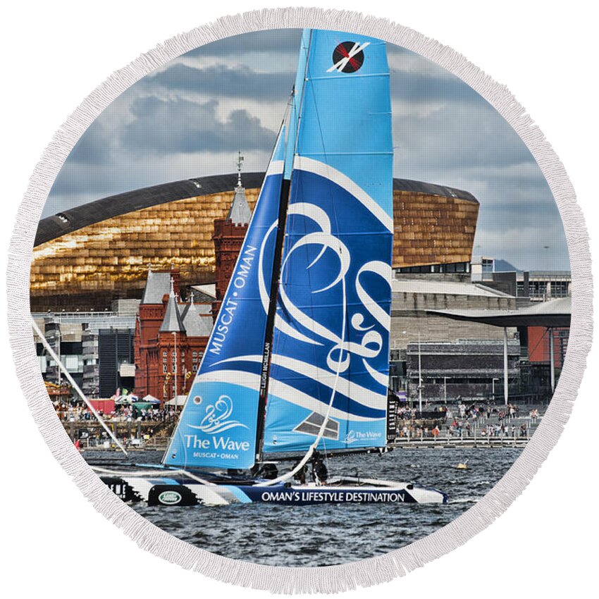 Extreme 40 Catamarans Round Beach Towel featuring the photograph Extreme 40 Team The Wave Muscat #1 by Steve Purnell
