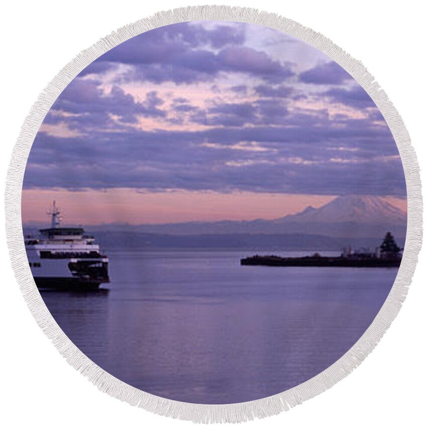 Photography Round Beach Towel featuring the photograph Ferry In The Sea, Bainbridge Island #1 by Panoramic Images