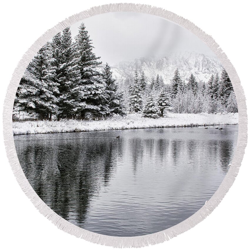 Grand Tetons Round Beach Towel featuring the photograph First Snow #1 by Erika Fawcett