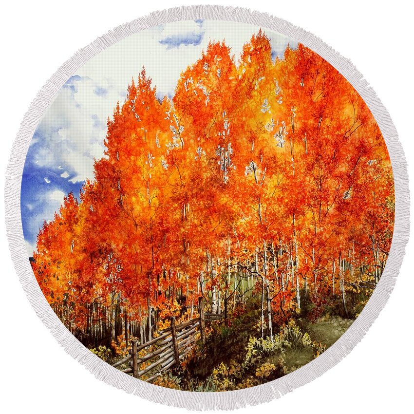 Watercolor Trees Round Beach Towel featuring the painting Flaming Aspens 2 by Barbara Jewell