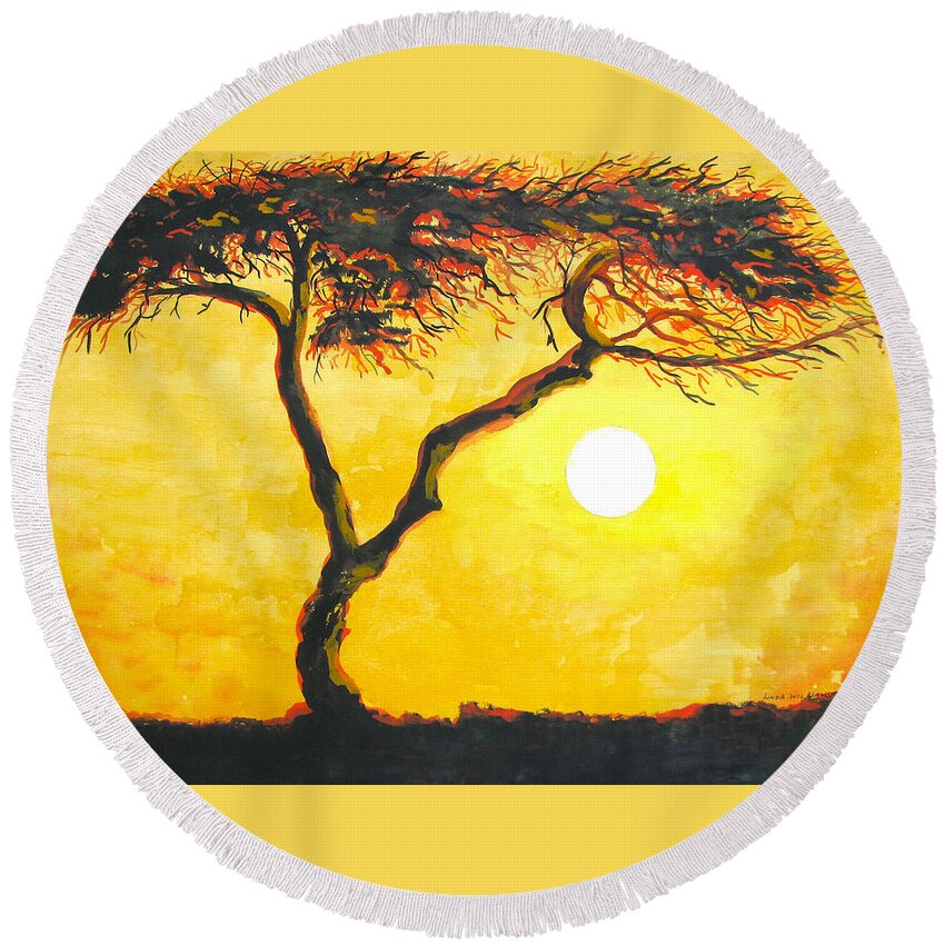 Desert Round Beach Towel featuring the painting Flaming Tree by Linda Williams