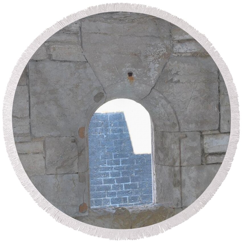 Fortress Window Round Beach Towel featuring the photograph Fortress Window 2 by George Katechis
