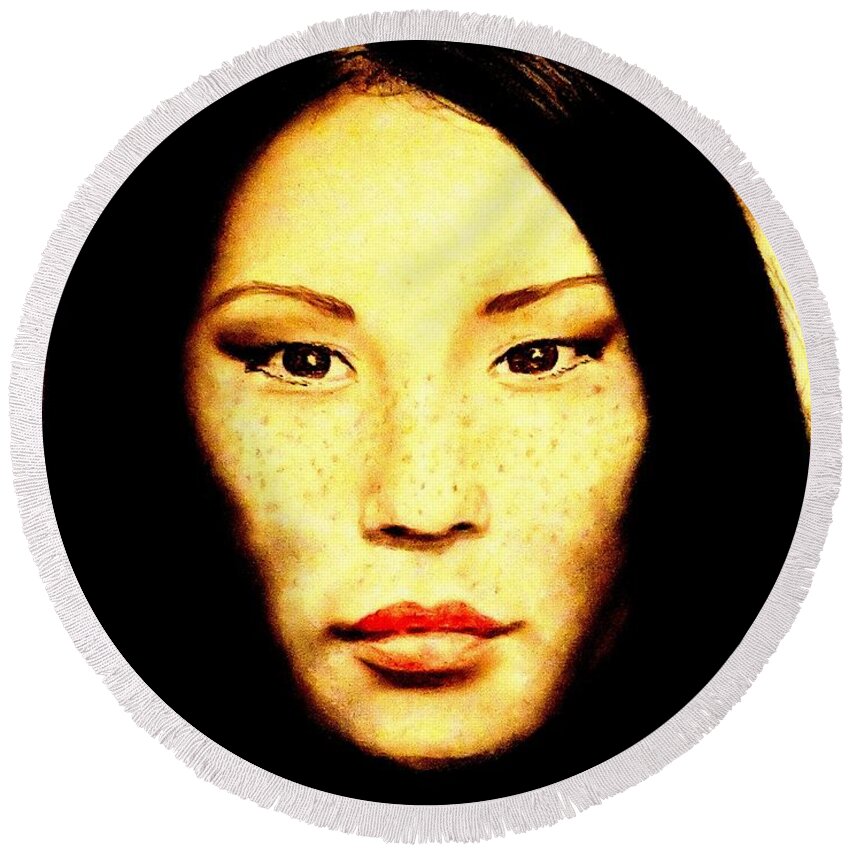 Drawing Round Beach Towel featuring the pastel Freckle Faced Beauty Lucy Liu by Jim Fitzpatrick