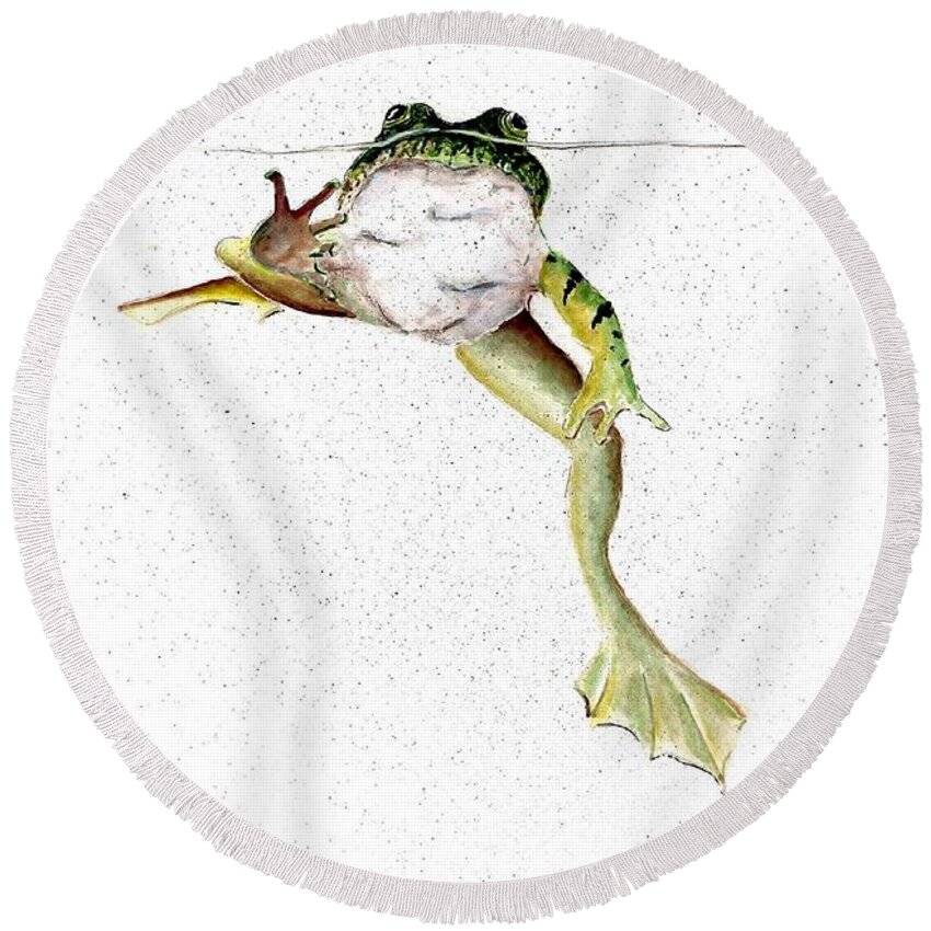 Frog On Waterline Round Beach Towel featuring the painting Frog On Waterline #1 by Steven Schultz