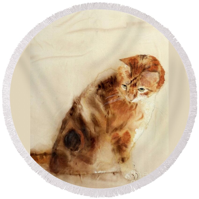 Cat Round Beach Towel featuring the painting George #1 by Hazel Millington