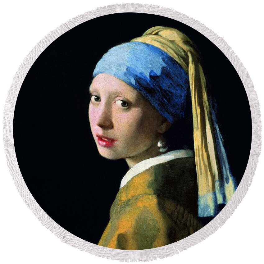Johannes Vermeer Round Beach Towel featuring the painting Girl With A Pearl Earring #1 by Jan Vermeer