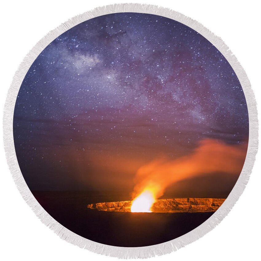 Science Round Beach Towel featuring the photograph Halemaumau Crater and Milky Way by Douglas Peebles
