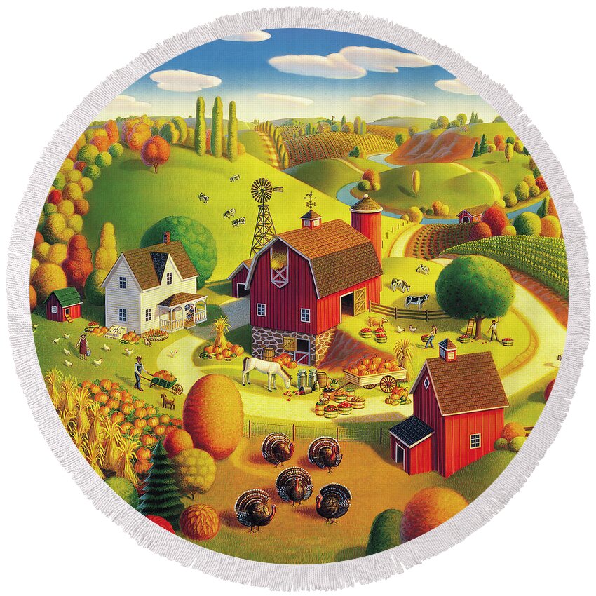  Harvest Landscape Round Beach Towel featuring the painting Harvest Bounty by Robin Moline