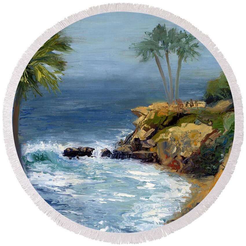 Laguna Beach Round Beach Towel featuring the painting Heisler Park by Alice Leggett