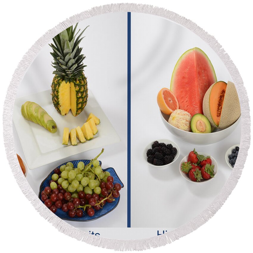 Assortment Round Beach Towel featuring the photograph High- And Low-carbohydrate Fruits #1 by Photo Researchers, Inc.