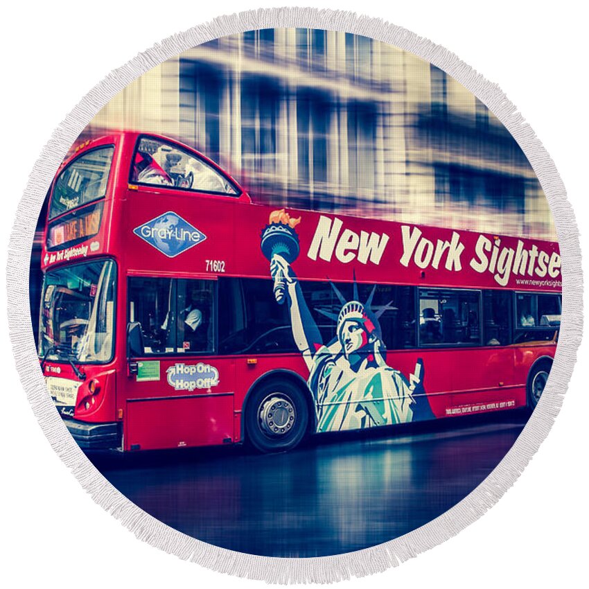 Nyc Round Beach Towel featuring the photograph hop on hop off through NYC by Hannes Cmarits