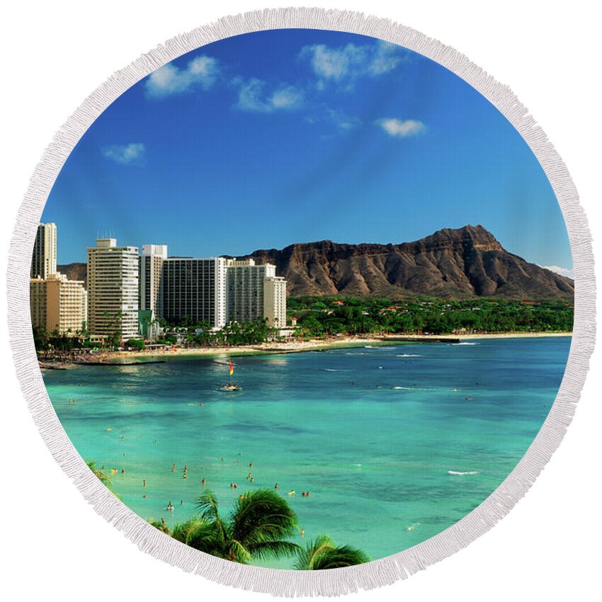 Photography Round Beach Towel featuring the photograph Hotels On The Beach, Waikiki Beach #1 by Panoramic Images