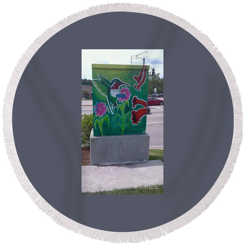 Hummingbird Round Beach Towel featuring the painting Hummingbird Traffic Signal Box #1 by Genevieve Esson