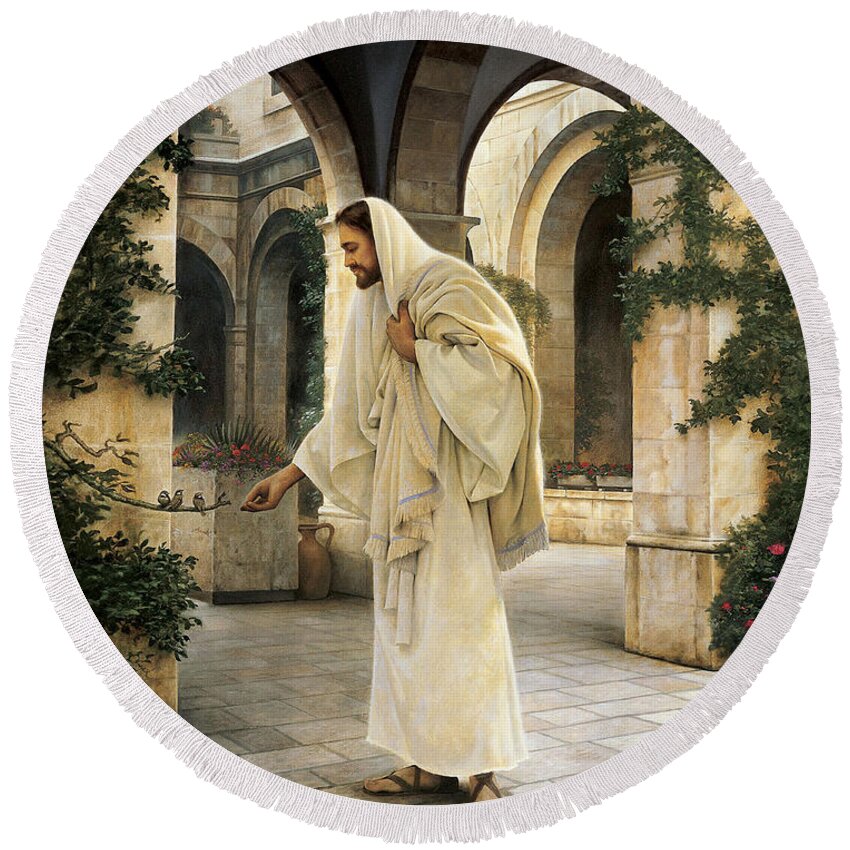 Jesus Round Beach Towel featuring the painting In His Constant Care #1 by Greg Olsen