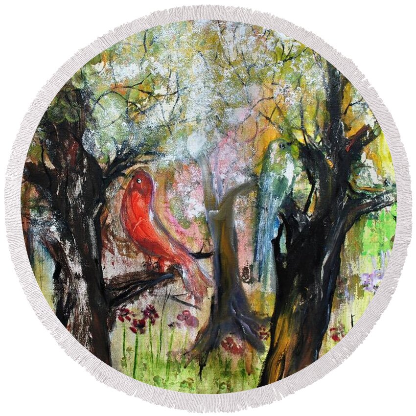 Birds Round Beach Towel featuring the painting In the Woods #1 by Evelina Popilian