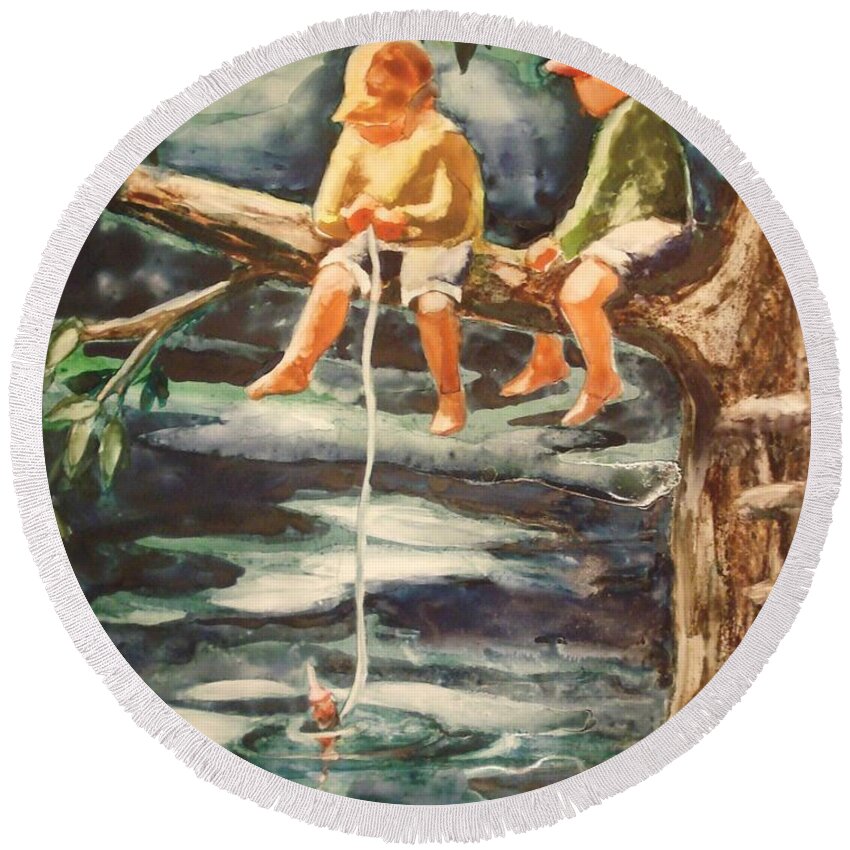 Boys Round Beach Towel featuring the painting Jes Fishin #1 by Marilyn Jacobson