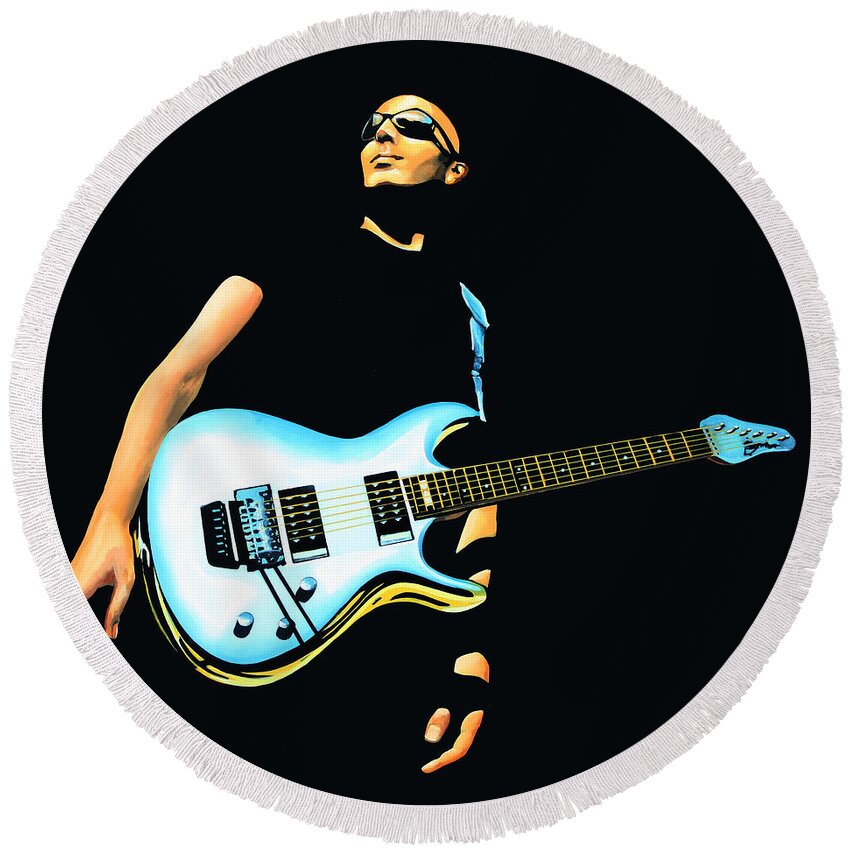Joe Satriani Round Beach Towel featuring the painting Joe Satriani Painting by Paul Meijering
