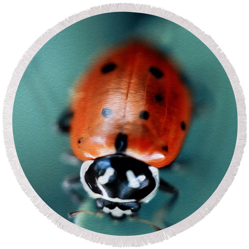 Red Ladybug Round Beach Towel featuring the photograph Ladybug on Green Leaf #2 by Iris Richardson