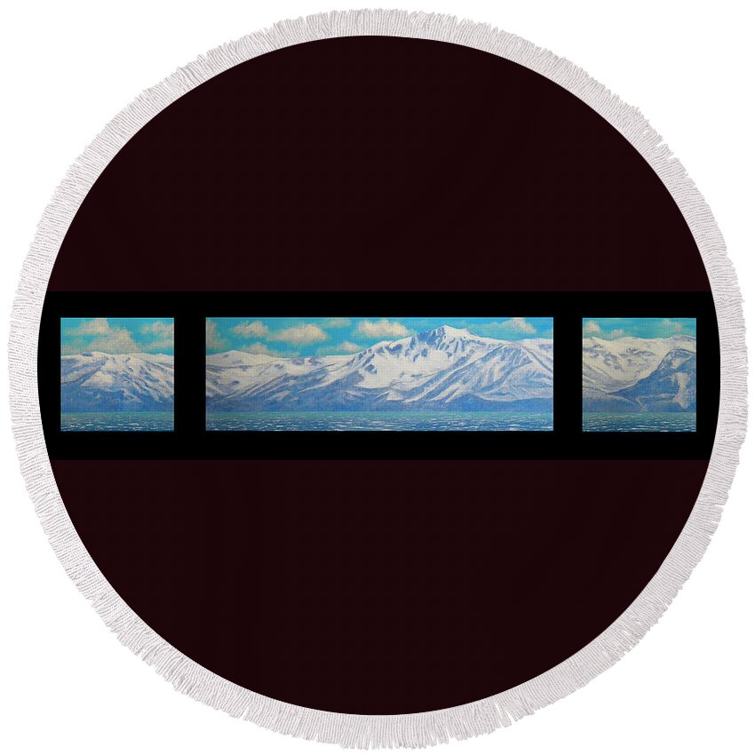 Lake Tahoe Round Beach Towel featuring the painting Lake Tahoe After the Storm Triptych #1 by Frank Wilson