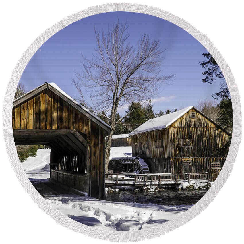 Glenn Gordon Round Beach Towel featuring the photograph Leonards Mills Covered Bridge Landscape #2 by Glenn Gordon