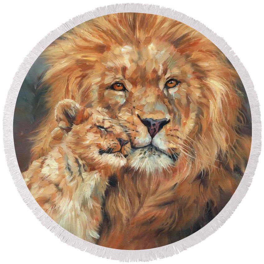 Lion Round Beach Towel featuring the painting Lion Love #1 by David Stribbling