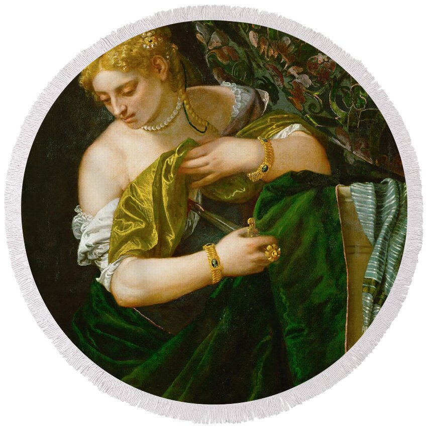 Paolo Veronese Round Beach Towel featuring the painting Lucretia #3 by Paolo Veronese